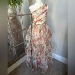 ASOS Lace & Bead One Shoulder Tiered Tulle Maxi Dress in Bright Floral - US 2